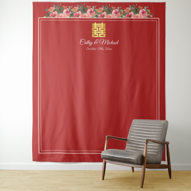 Pink peony red modern chinese wedding backdrop tapestry (In Situ)