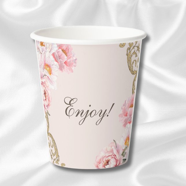 Pink Peony Rococo Floral Baby Shower Paper Cups (Creator Uploaded)