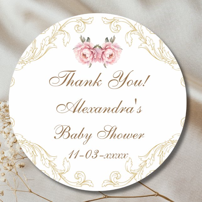 Pink Peony Rococo Floral Baby Shower Thank You Classic Round Sticker (Creator Uploaded)