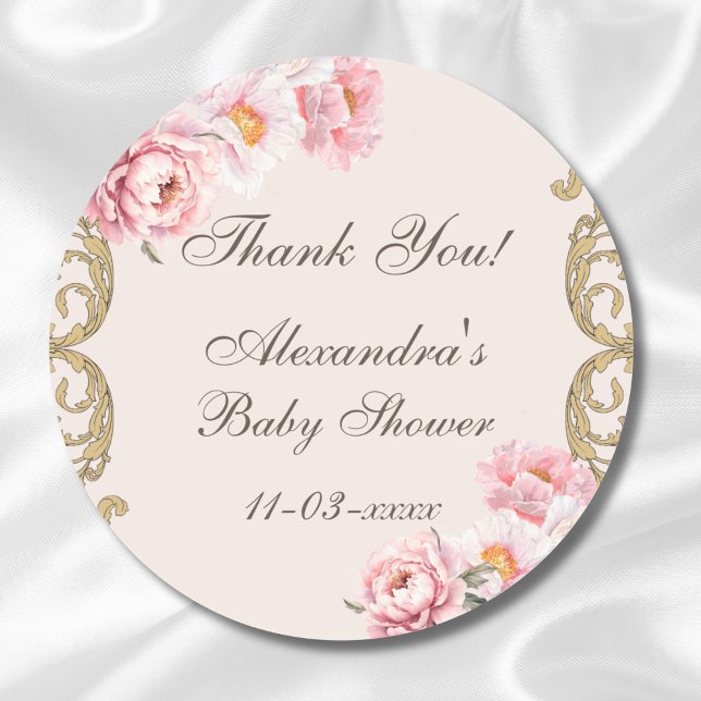 Pink Peony Rococo Floral Baby Shower Thank You Classic Round Sticker (Creator Uploaded)