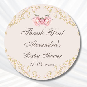 Pink Peony Rococo Flowers Baby Shower Thank You Classic Round Sticker