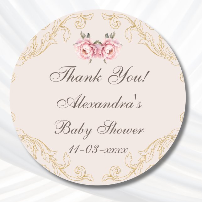 Pink Peony Rococo Flowers Baby Shower Thank You Classic Round Sticker (Creator Uploaded)