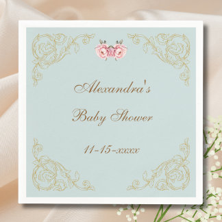 Pink Peony Rococo Vintage Flowers Baby Shower Napkin