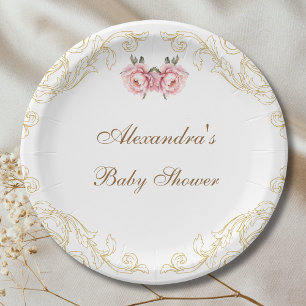 Pink Peony Rococo Vintage Flowers Baby Shower Paper Plate
