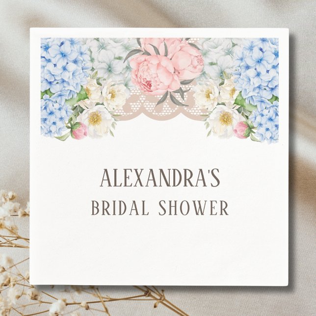 Pink Peony Romantic Blue Hydrangea Bridal Shower Napkin (Creator Uploaded)