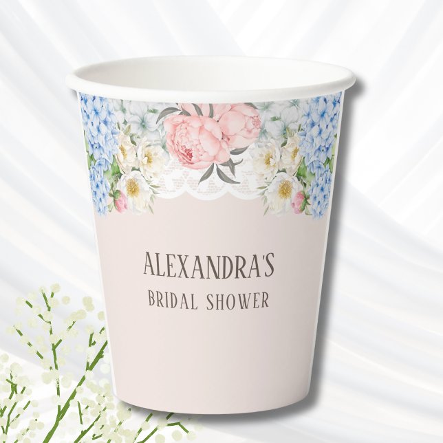 Pink Peony Romantic Blue Hydrangea Bridal Shower Paper Cups (Creator Uploaded)