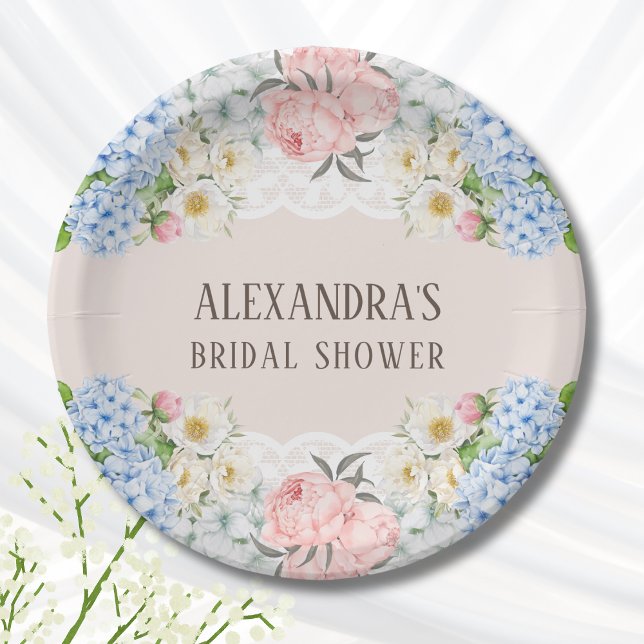 Pink Peony Romantic Blue Hydrangea Bridal Shower Paper Plate (Creator Uploaded)