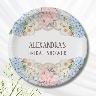 Pink Peony Romantic Blue Hydrangea Bridal Shower Paper Plate