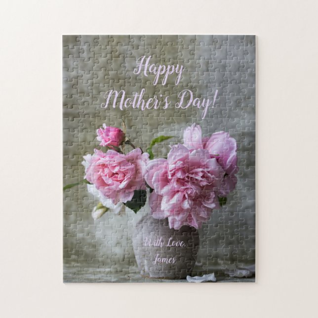 Pink Peony Rose Flowers Custom Text Floral Jigsaw Puzzle (Vertical)