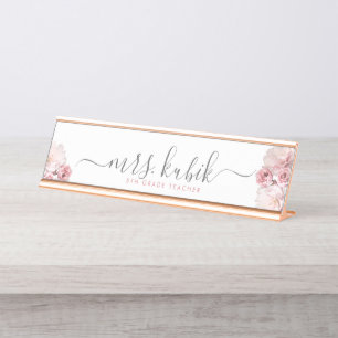 Pink Peony Rose Gold Teacher Desk Name Plate