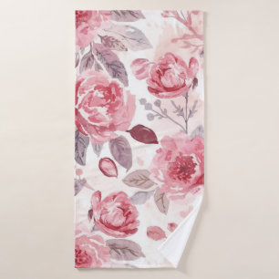 Pink Peony Rose Watercolor Floral Garden Bath Towel