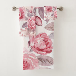 Pink Peony Rose Watercolor Floral Garden Bath Towel Set