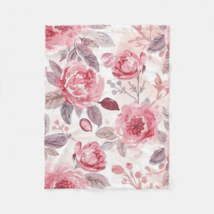 Pink Peony Rose Watercolor Floral Garden Fleece Blanket