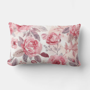 Pink Peony Rose Watercolor Floral Garden Lumbar Cushion