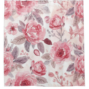 Pink Peony Rose Watercolor Floral Garden Shower Curtain