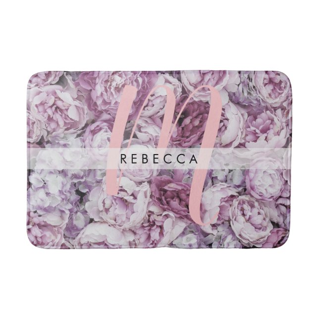 Pink Peony Roses Floral Stylish Monogram Bath Mat (Front)