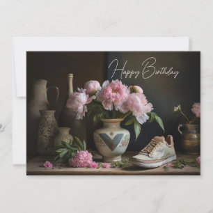 Pink Peony Rustic Kitchen with vintage sneaker Holiday Card