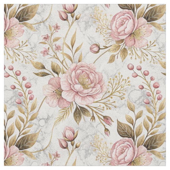 Pink Peony & Sage Botanical Floral Pattern Artwork Fabric (Close Up)