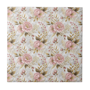 Pink Peony & Sage Botanical Floral Pattern Artwork Tile