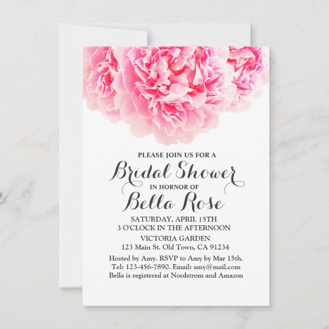 Pink peony silver grey bridal shower invite peony3 (Front)