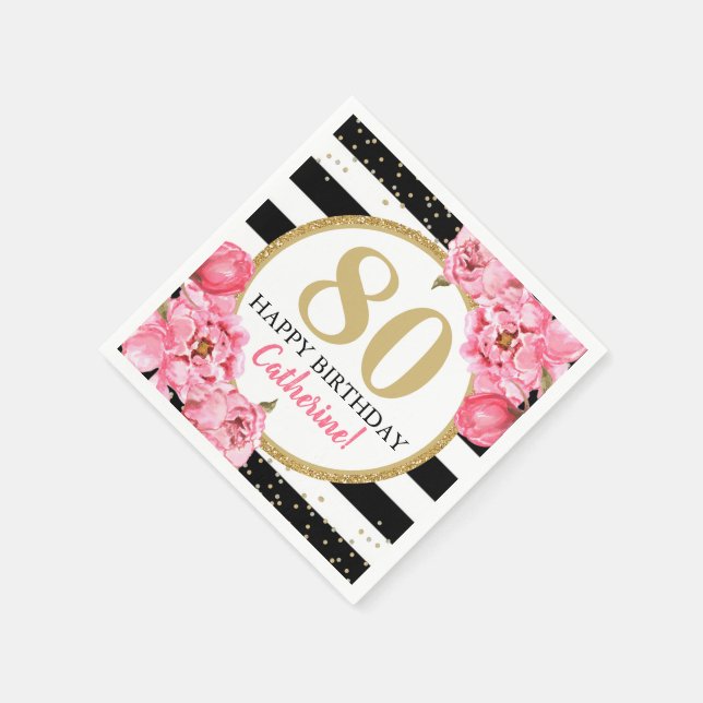 Pink Peony Striped Milestone Birthday Napkin (Corner)
