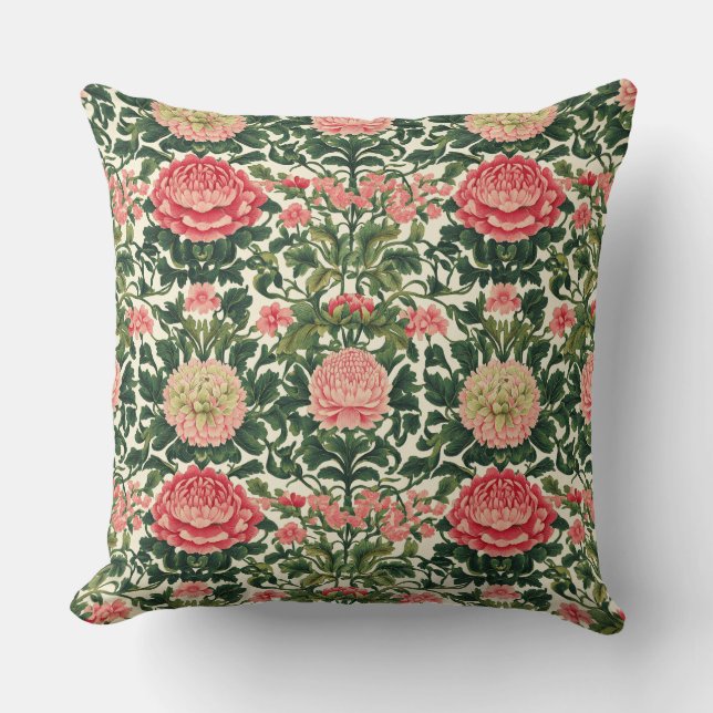 Pink Peony Symmetrical Floral Pattern Cushion (Front)