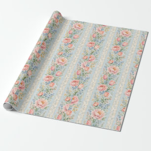 Pink Peony Tulip Floral Stripe Watercolor Gift Wrapping Paper