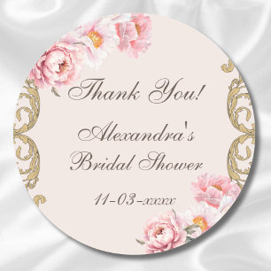 Pink Peony Vintage Floral Bridal Shower Thank You Classic Round Sticker