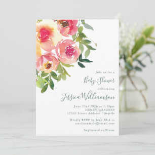 Pink Peony Watercolor Elegant Baby Shower Girl Invitation