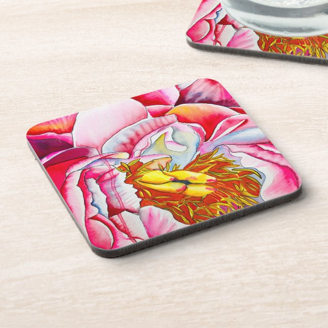 Pink Peony watercolor fine art Coaster (Left Side)