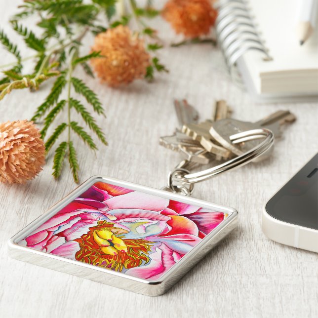 Pink Peony watercolor fine art Key Ring (Side)