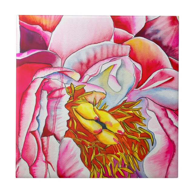 Pink Peony watercolor fine art Tile (Front)