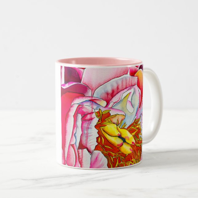 Pink Peony watercolor fine art Two-Tone Coffee Mug (Front Right)
