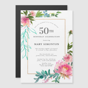 Pink Peony Watercolor Floral 50th Birthday Magnetic Invitation