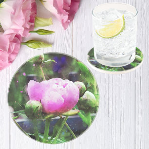 Pink Peony Watercolor Floral Coaster