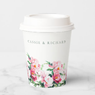 Pink Peony Watercolor Floral Personalised Wedding Paper Cups