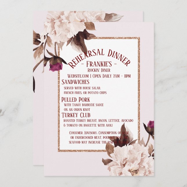 Pink Peony Watercolor Floral Rehearsal Dinner Invitation (Front/Back)