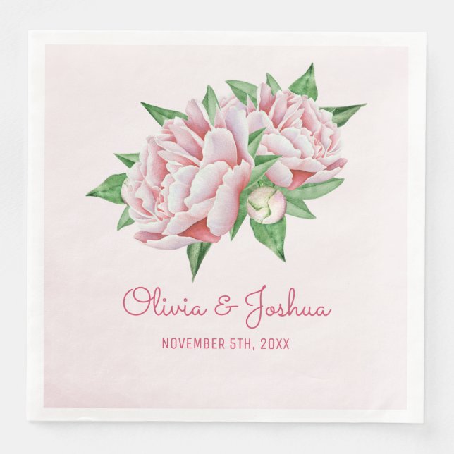 Pink Peony Watercolor Flower Wedding Napkin (Front)