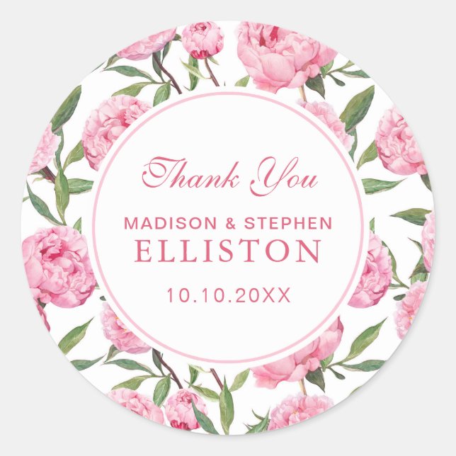 Pink Peony Watercolor Flowers | Thank You Classic Round Sticker (Front)