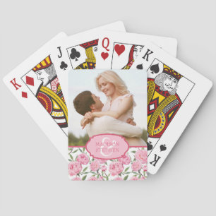 Pink Peony Watercolor Flowers - Wedding Photo Playing Cards
