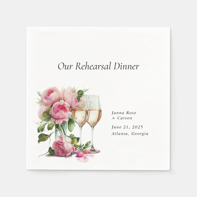 Pink Peony Watercolor Rehearsal Dinner Napkin (Front)