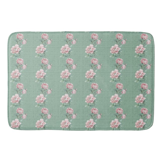 Pink Peony Watercolor Soft Green Bath Mat (Front)