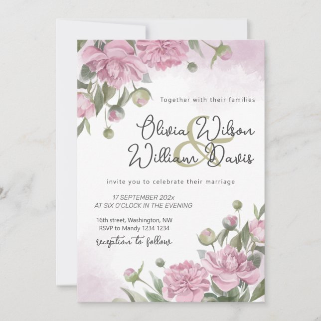 Pink Peony Watercolor Wedding  Invitation (Front)