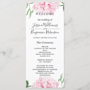Pink Peony Watercolor Wedding Program Menu