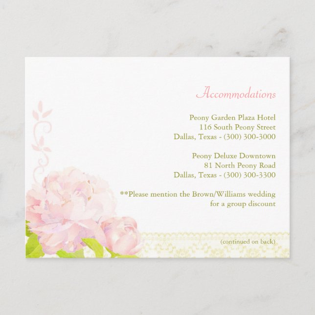 Pink Peony Wedding Accommodation Enclosure Postcard (Front)