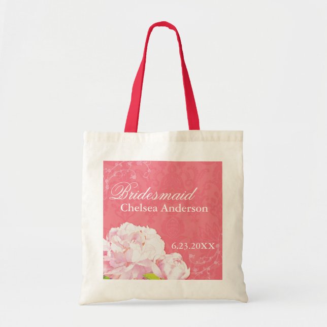 Pink Peony Wedding Customised Bridesmaid Gift Tote Bag (Front)