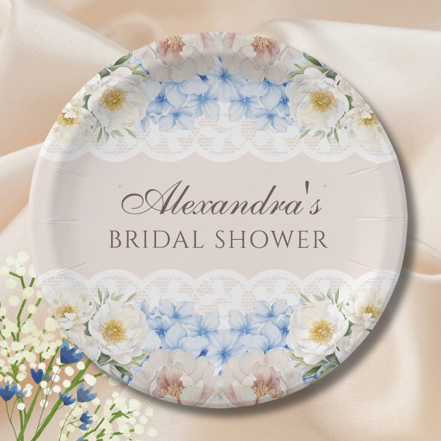 Pink Peony White Blue Hydrangea Bridal Shower Paper Plate (Creator Uploaded)