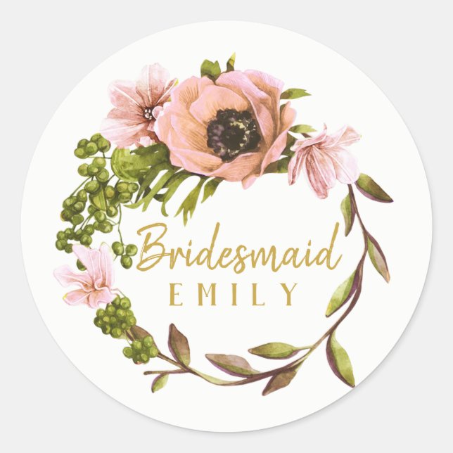 Pink Peony Wreath Bridesmaid Name ID456 Classic Round Sticker (Front)