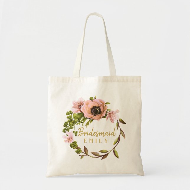 Pink Peony Wreath Bridesmaid Name ID456 Tote Bag (Front)