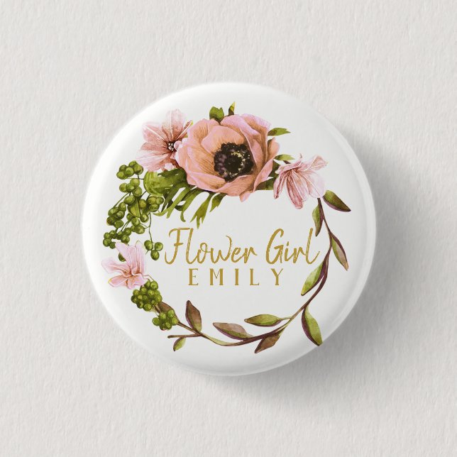Pink Peony Wreath Flower Girl Name ID456 3 Cm Round Badge (Front)